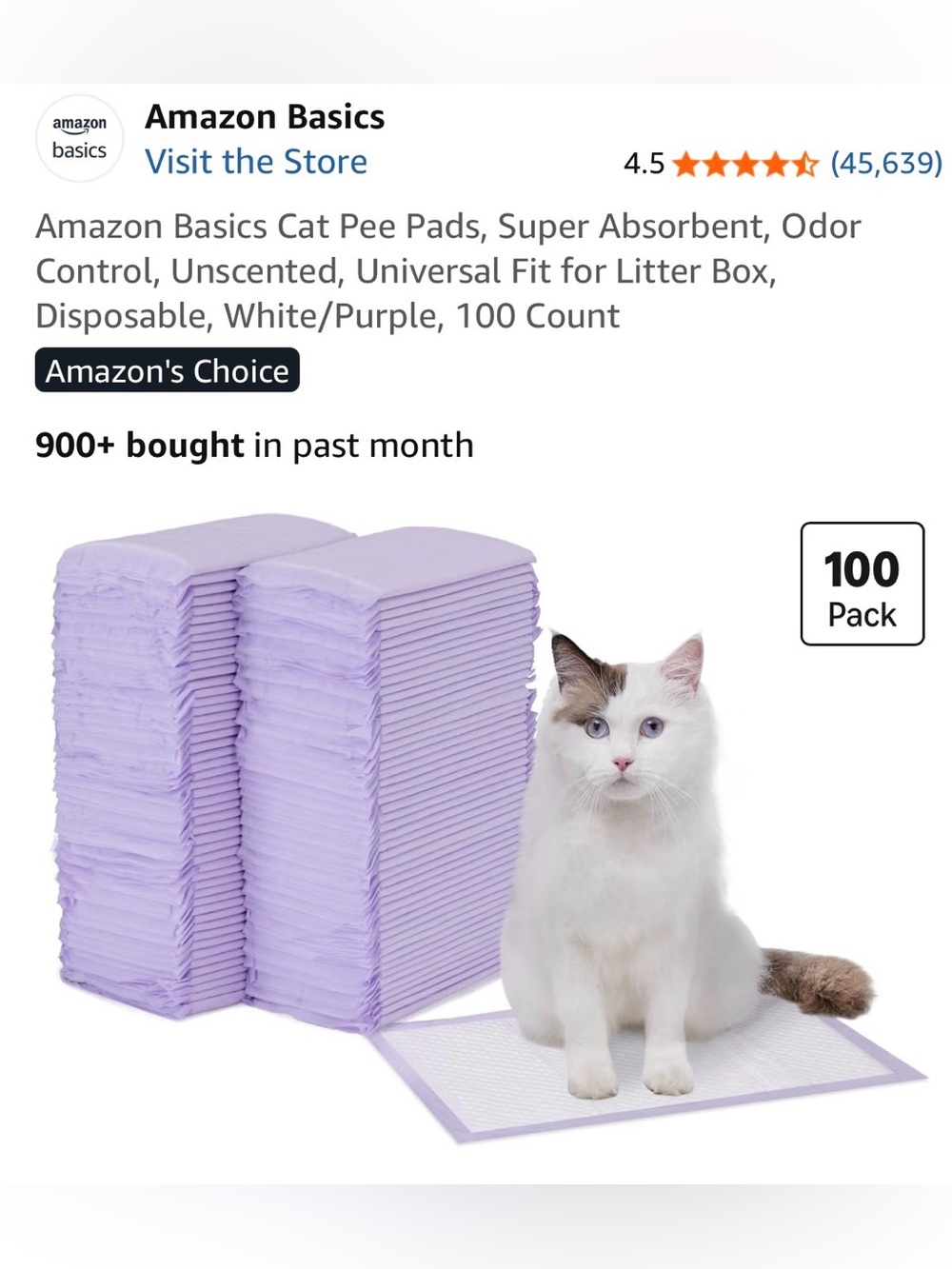 Amazon Basics Cat Litter Box Pee Pads. Super absorbent. Unscented. 90 count